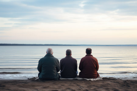 a group of three elderly people sits on the ocean shore and meditatesの素材