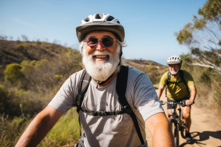 Enjoying a bike ride under the spring sun, a group of seniors pedals happilyの素材