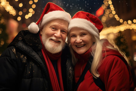 Sharing laughter and holiday joy, two European retirees take a joyful selfie by a beautifully illuminated New Year tree in the heart of the cityの素材