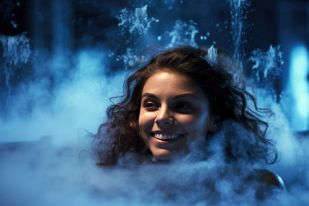 A satisfied, smiling woman immerses herself in a thermal bath, surrounded by steam, embodying the happiness found in the rejuvenating embrace of warm, therapeutic watersの素材