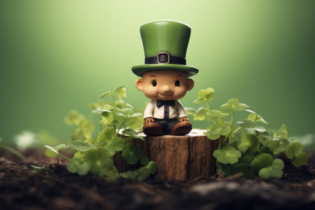In the midst of a clover-filled backdrop, a leprechaun rests on a stump, evoking the joyous spirit of St. Patrick's Day against a canvas of greenery, where folklore and celebration intertwineの素材