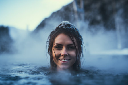 Radiant satisfaction beams from a smiling woman as she indulges in a thermal bath, the steam weaving a serene atmosphere around her, a moment of pure relaxationの素材