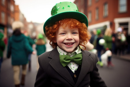 A young boy in a leprechaun hat and joyful St. Patrick's Day clothing adds a sprinkle of childhood delight to the city street, embodying the innocence and happiness of festive celebrationsの素材