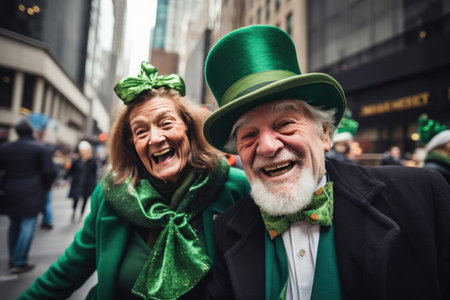 In the heart of the city, an elderly couple radiates joy and festivity in their leprechaun hats and St. Patrick's Day clothes, becoming a heartwarming part of the urban celebrationの素材