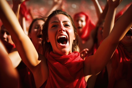 Dynamic short-haired fan, fully engaged in the match, radiates genuine joy and excitement, passionately waving a fan in front of the stadium during an animated and spirited gameの素材