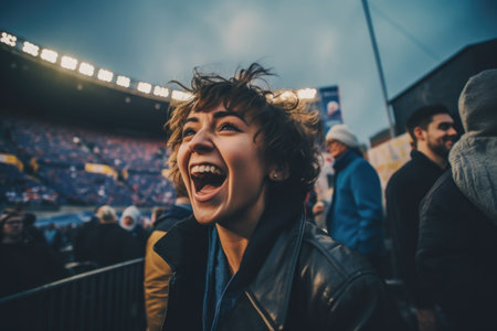 a soccer fan woman with short hair, her face radiating pure joy, excitement, and passion as she cheers enthusiastically in front of the stadium during a thrilling matchの素材