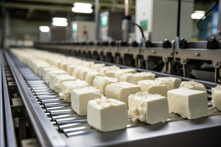 A photo captures the assembly of gourmet cheeses on an industrial conveyor, providing a visual narrative of the craftsmanship involved in preparing diverse and high-quality cheese productsの素材