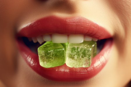 Serene CBD moment: close-up of a woman's mouth with a gelatin candy, a momentary escape into herbal tranquilityの素材