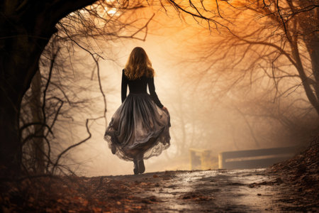 Deserted Trails Reverie: The silhouette of a lonely woman lost in thought on abandoned trails, reflecting the contemplative aspect of solitude in the midst of deserted pathsの素材