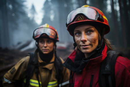 Courageous Women Battling the Blaze: Striking image of two female firefighters facing a fierce forest fireの素材