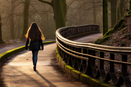 Lonely Stroll: A woman's silhouette on an abandoned park pathway, symbolizing the solitude experienced in an empty and desolate landscapeの素材