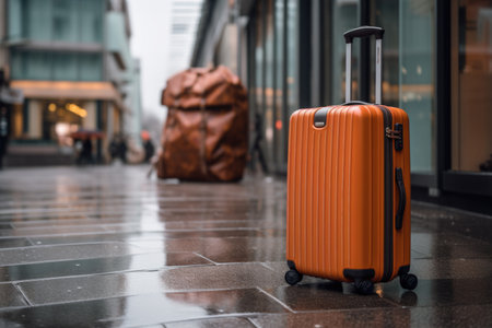 Street Travel Chic: Chic vibes emanating from a stylish suitcase on the street, capturing the essence of urban travel fashionの素材