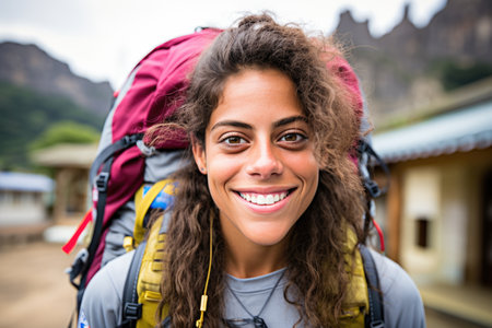 Satisfied woman tourist from Europe, smiling in a portrait that reflects her travel contentmentの素材