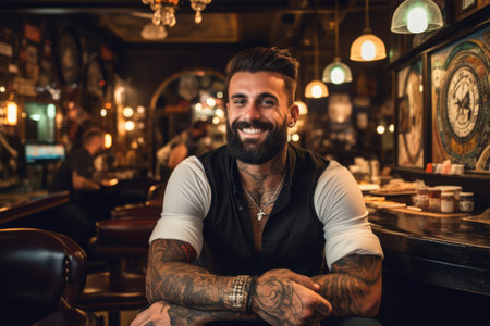 Cheerful Tattoo Maven: The vibrant energy of a male tattoo artist's smile radiates in the tattoo parlor, embodying the joy of creating lasting art on skinの素材