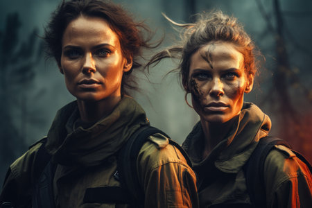 Dynamic Women Tackling Forest Flames: Dynamic shot of two women dynamically tackling the flames of a forest infernoの素材