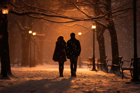Capturing the magic of winter, a couple enjoys a snowy park walk, hand in hand, surrounded by the serene beauty of a winter wonderlandの素材