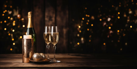 Champagne flutes on a wooden background with festive lights creating a magical and enchanting atmosphere for a joyful New Year's celebrationの素材