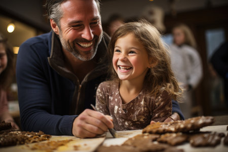 Cookie decorating squad: A father and his children laughing and creating a mess with cookie decorations, turning baking into a shared adventureの素材