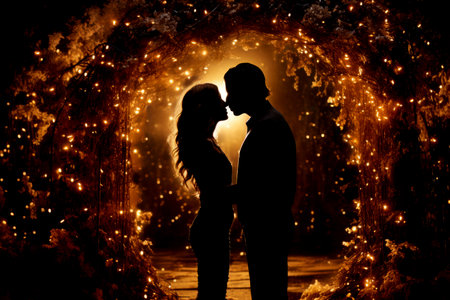 Starlit Kiss: A romantic kiss beneath a celestial wreath, where twinkling lights create a starry embrace, painting a picture of love in the night skyの素材