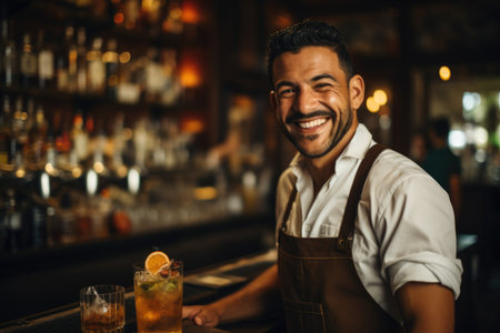 Spirited Bartender: The barman, exuding enthusiasm and a friendly smile, ready to serve up both drinks and positive vibes at the bustling bar counterの素材