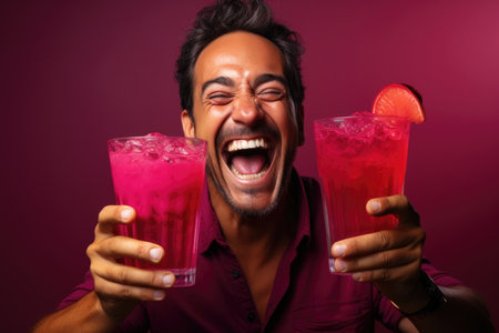 Innovative Wellness: A contented man holds a biohacking drink, experiencing the joy of cutting-edge wellness solutions reflected in his satisfied demeanorの素材