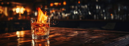 Blazing Creativity: A dynamic bar scene with a burning cocktail stealing the spotlight, symbolizing the creative and adventurous spirit of mixologyの素材