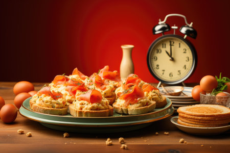 Timed nutrition concept: Clock and a plate of food, promoting the idea of strategically aligning meals within specific time framesの素材