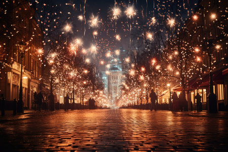 Immerse yourself in the festive ambiance with our New Year's backdrop, where sparklers illuminate the scene against the charm of a Christmas street, embodying the Christmas cheerの素材