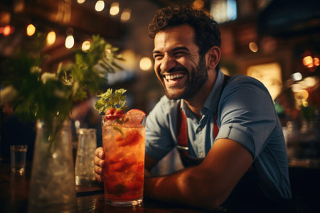 Mixing Delight: A delighted bartender, his face lit up with a genuine smile, ready to mix up not just drinks but also a great atmosphere for patronsの素材