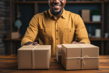 Happy delivery pro: An exuberant African American man with a warm smile, surrounded by parcels and boxes, embodying the positivity and efficiency of the delivery conceptの素材