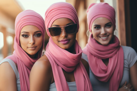 Trendy Trio: Three fashionable young women donning pink beanies, smiling and looking into the cameraの素材