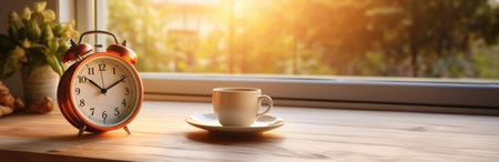 Wake up to a new day: an alarm clock and a coffee cup on a windowsill in a banner, bannerの素材