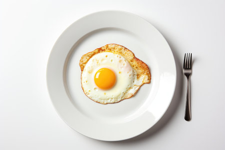 Sunny Breakfast: A delicious fried egg perfectly cooked and served on a white plate against a clean white backgroundの素材