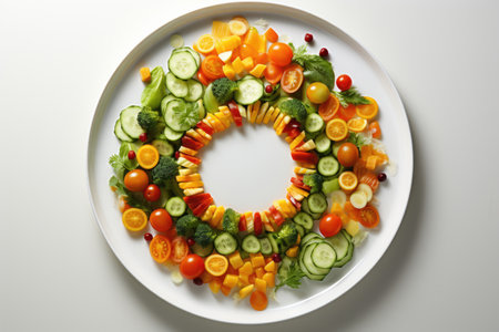 Colorful harvest: a variety of fruits and vegetables artfully arranged on a white plateの素材