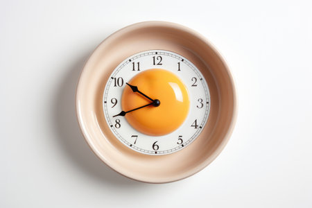 Egg Timer Concept: A visual representation of a plate with egg-shaped clocks, symbolizing the concept of intermittent fastingの素材