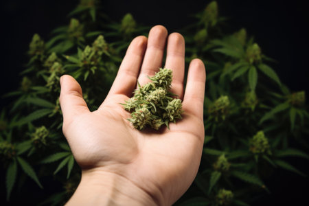 Marijuana buds cradled in the palm within a greenhouse - a close-up of cultivated cannabisの素材