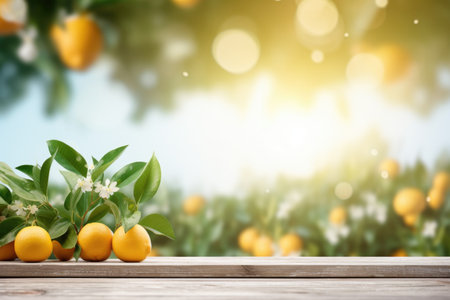 Oranges arranged on a wooden tabletop creating a warm and inviting backdrop - a touch of natural elegance, copyspaceの素材