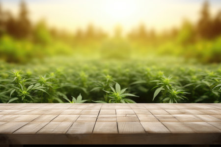 White wooden table surface left bare, set against the backdrop of marijuana plants with a soft blur - an open canvas for inspiration, copyspaceの素材