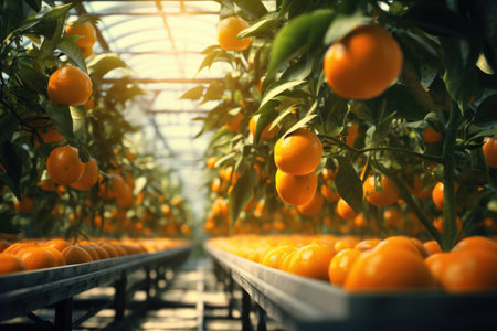 Rows of mandarin trees thriving in a greenhouse - controlled environment for optimal cultivationの素材