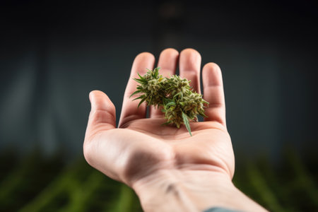 Close-up of marijuana buds on the palm in a cannabis greenhouse - cultivation excellenceの素材