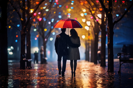 Romantic couple strolling in the rain under a vibrant umbrella - a Valentine's Day moodの素材