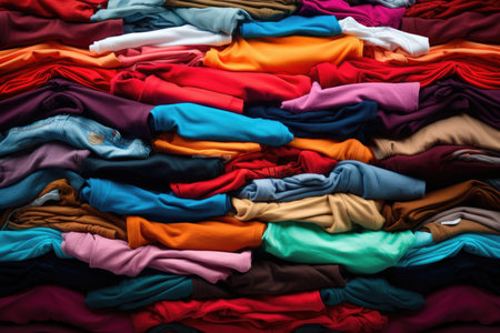 Pile of t-shirts as a backdrop - diverse colors and fabric texturesの素材