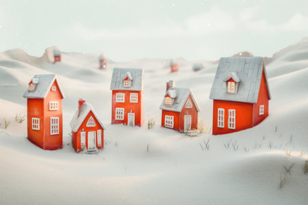 Toy houses arranged in a snowy field - a whimsical tableau of playful winter structuresの素材
