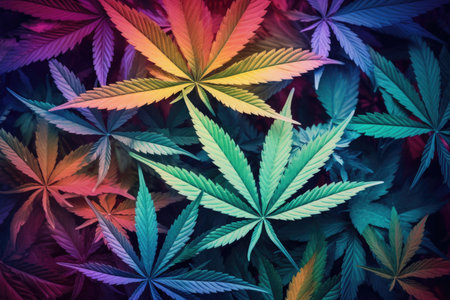 Rainbow-hued marijuana foliage background - a vibrant celebration of cannabis diversityの素材