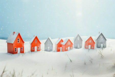 Miniature houses forming a snowy toy village - a delightful play area for winter fantasiesの素材