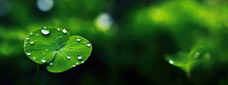 A close-up view of a clover leaf in macro detail unveils its intricate textures and vibrant green tones, creating a captivating visual ode to St. Patrick's Day, bannerの素材