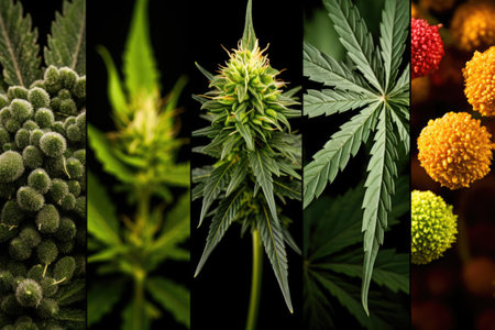 Dive into the world of cannabis with this mosaic of different marijuana varieties, each telling a unique botanical storyの素材