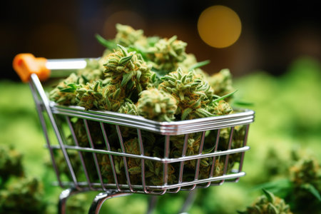 Detailed close-up shot of marijuana leaves arranged in a grocery cart, combining natural elements with everyday surroundingsの素材