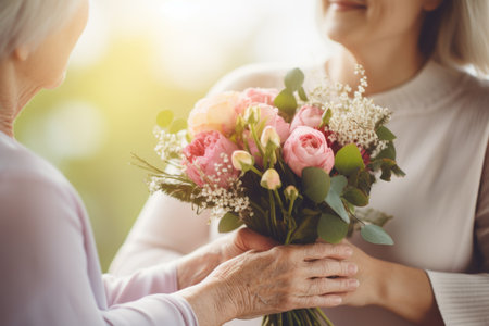 An intimate shot of an elderly woman cradling a bouquet of flowers on Mother's Day, radiating love and gratitudeの素材