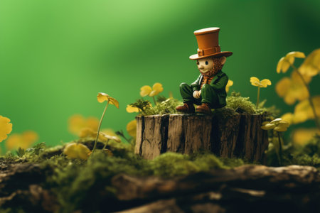 A leprechaun perches on a stump amidst a lush clover field, embodying the spirit of St. Patrick's Day against a vibrant green canvas, where magic and fun convergeの素材